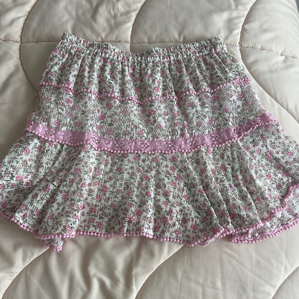 LoveShackFancy Pink Floral Skater Skirt